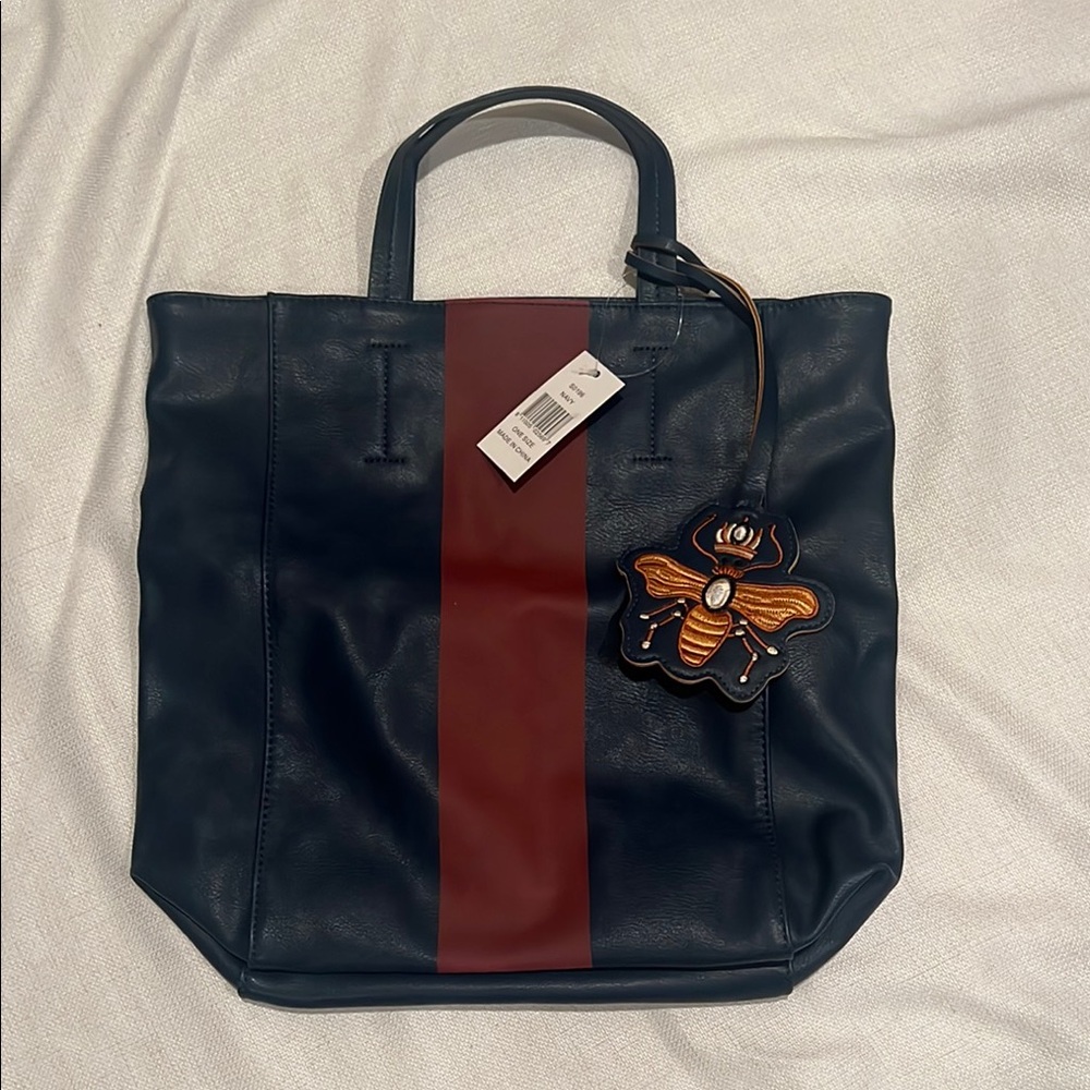 Stylish Blue and Red Tote Bag with Bee Charm